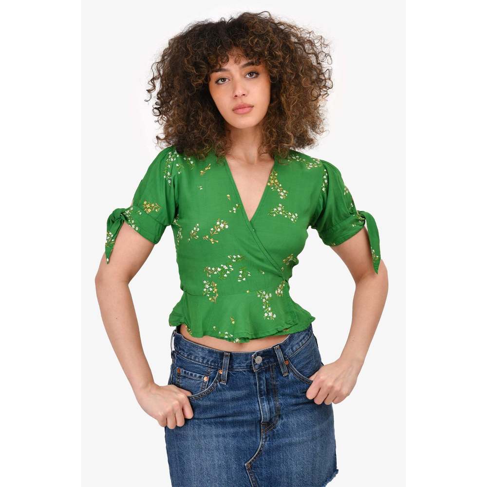Faithfull The Brand Green Floral Crossover Blouse Size 2